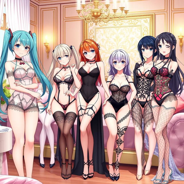 An anime scene featuring six beautiful girls in elegant lingerie, highlighting their unique styles and personalities