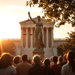 A powerful image symbolizing justice, featuring a majestic statue of Lady Justice, with her scales balanced perfectly, set against a backdrop of a grand courthouse with imposing architecture