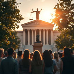 A powerful image symbolizing justice, featuring a majestic statue of Lady Justice, with her scales balanced perfectly, set against a backdrop of a grand courthouse with imposing architecture