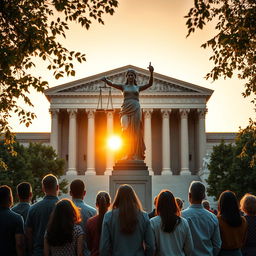 A powerful image symbolizing justice, featuring a majestic statue of Lady Justice, with her scales balanced perfectly, set against a backdrop of a grand courthouse with imposing architecture