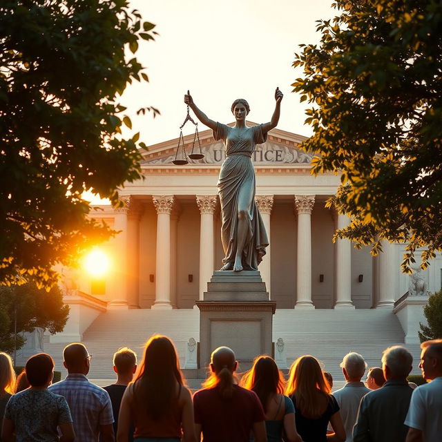 A powerful image symbolizing justice, featuring a majestic statue of Lady Justice, with her scales balanced perfectly, set against a backdrop of a grand courthouse with imposing architecture