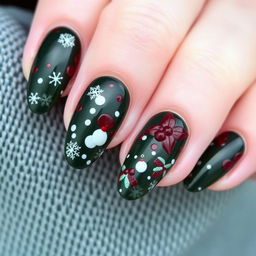 Beautifully decorated Christmas nails featuring a dark green and burgundy red color palette