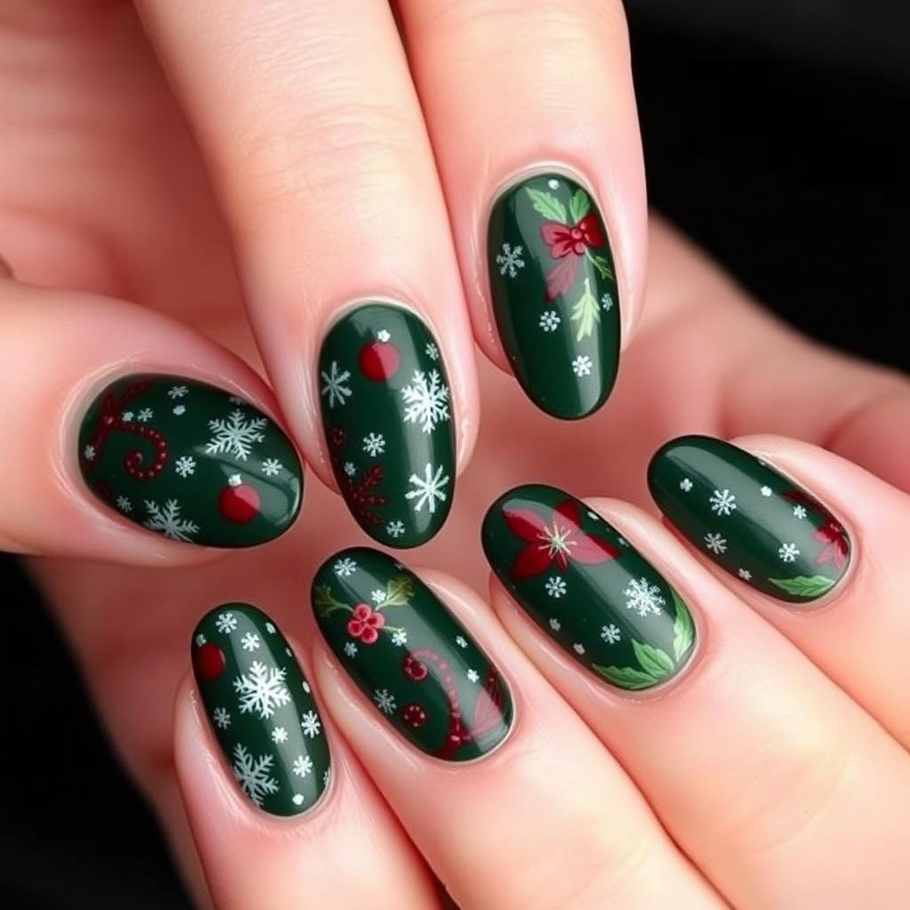 Beautifully decorated Christmas nails featuring a dark green and burgundy red color palette