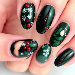 Beautifully decorated Christmas nails featuring a dark green and burgundy red color palette