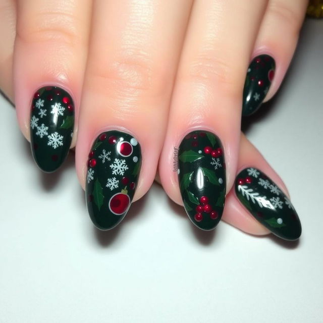 Beautifully decorated Christmas nails featuring a dark green and burgundy red color palette