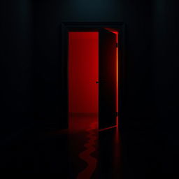 A black dark room with a mid-open door, emitting a vibrant red light that spills out into the space
