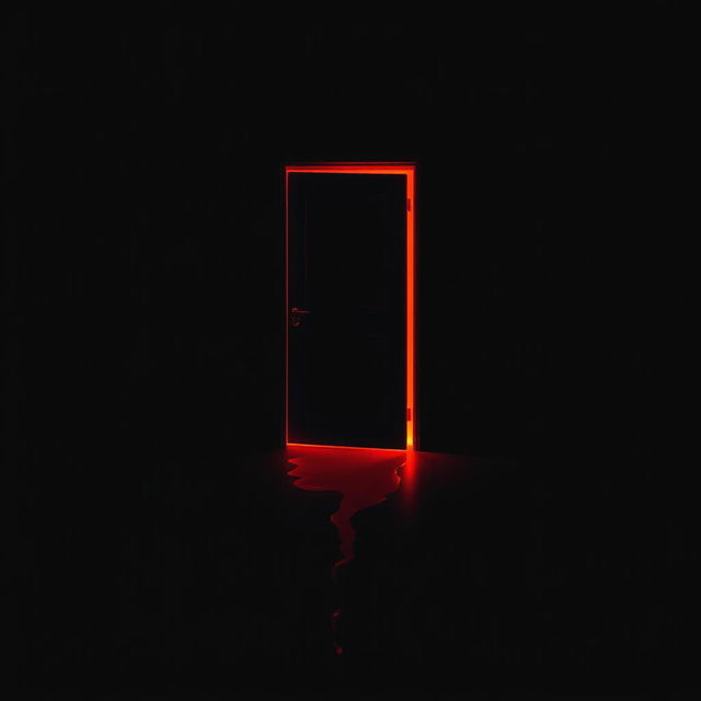 A black dark room with a mid-open door, emitting a vibrant red light that spills out into the space