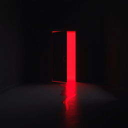 A black dark room with a mid-open door, emitting a vibrant red light that spills out into the space