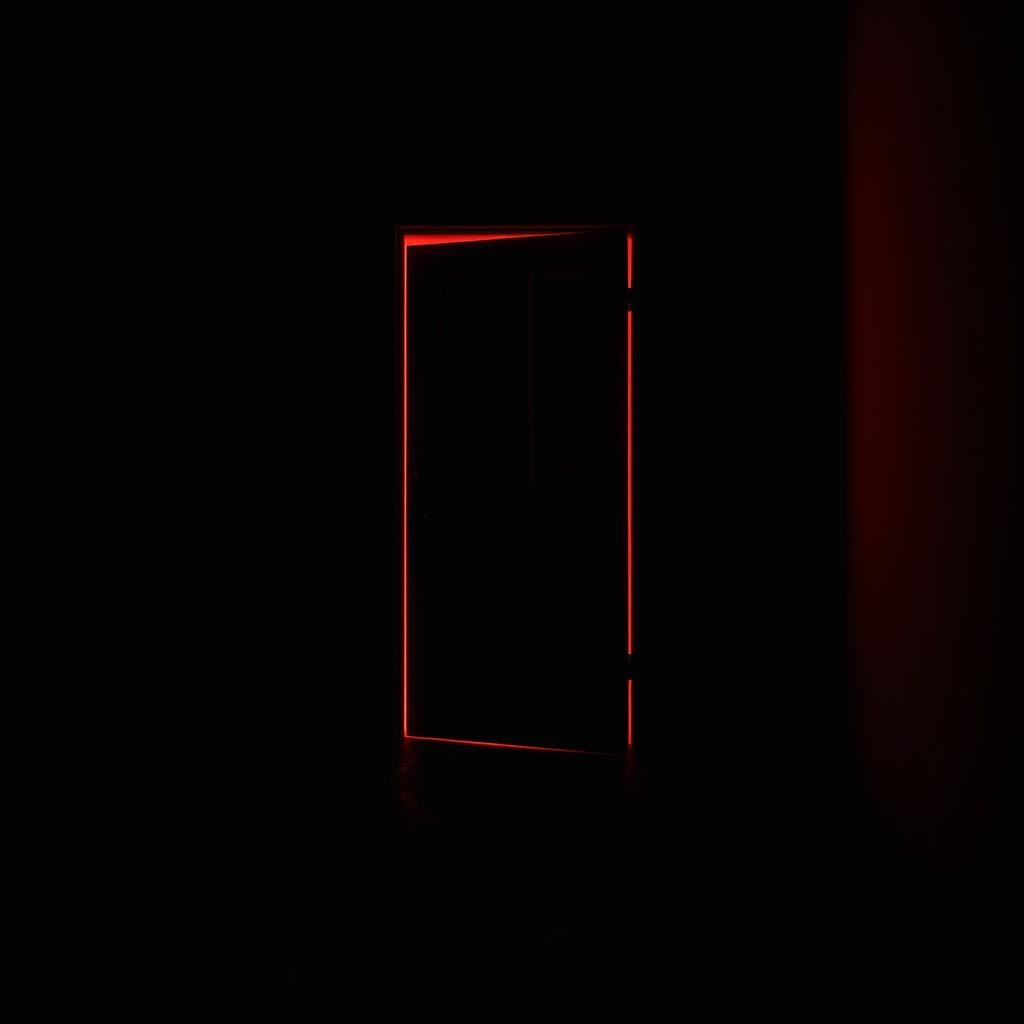 A black dark room with a mid-open door, emitting a vibrant red light that spills out into the space