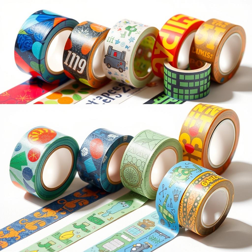 Innovative and creative packaging tape designs that incorporate vibrant colors, abstract patterns, and playful illustrations