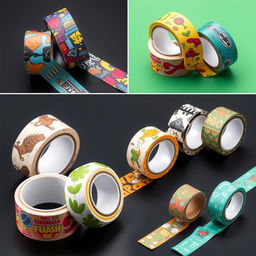Innovative and creative packaging tape designs that incorporate vibrant colors, abstract patterns, and playful illustrations