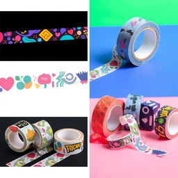 Innovative and creative packaging tape designs that incorporate vibrant colors, abstract patterns, and playful illustrations