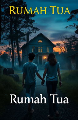 Two friends walking towards an old mysterious house on the outskirts of town along a seldom-used road at dusk