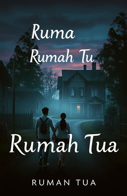 Two friends walking towards an old mysterious house on the outskirts of town along a seldom-used road at dusk
