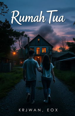 Two friends walking towards an old mysterious house on the outskirts of town along a seldom-used road at dusk