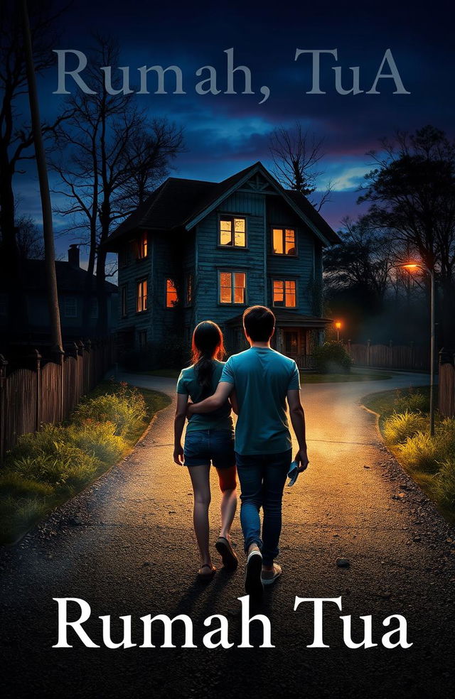 Two friends walking towards an old mysterious house on the outskirts of town along a seldom-used road at dusk