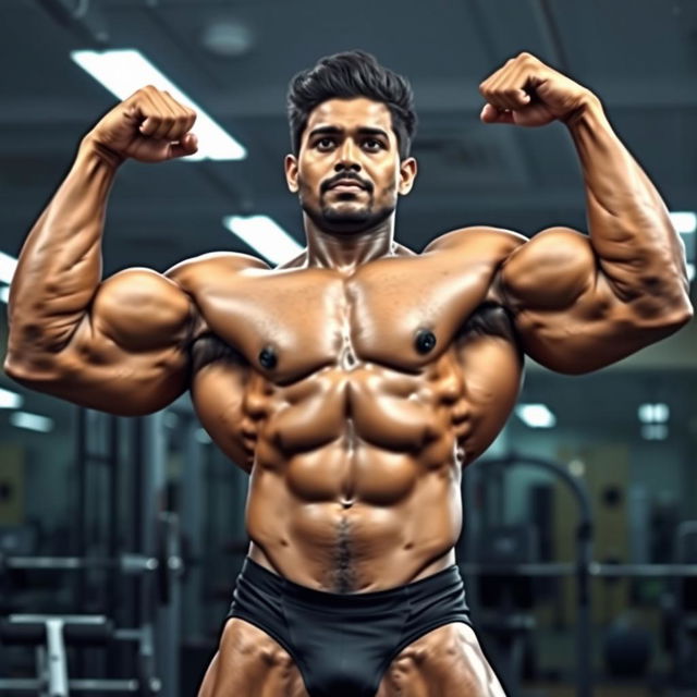 A powerful Indian bodybuilder with enormous muscles flexing proudly, wearing a sleek speedo