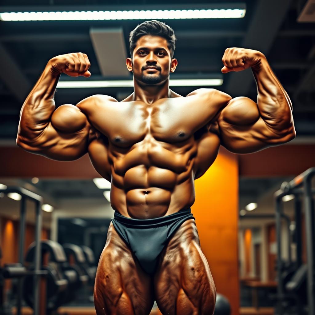 A powerful Indian bodybuilder with enormous muscles flexing proudly, wearing a sleek speedo