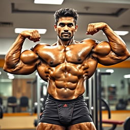 A powerful Indian bodybuilder with enormous muscles flexing proudly, wearing a sleek speedo