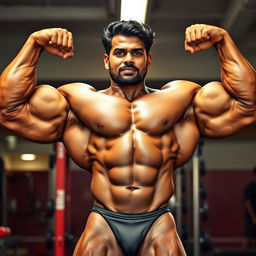 A powerful Indian bodybuilder with enormous muscles flexing proudly, wearing a sleek speedo