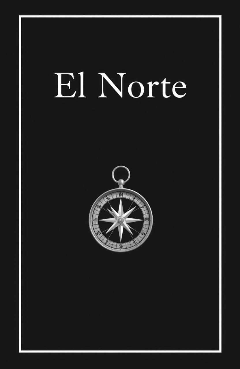 A minimalistic book cover for 'El Norte', featuring a broken compass at the center, clean and simple design, with the title 'El Norte' elegantly placed above or below the compass
