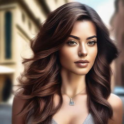 A high-definition digital art image features a brunette Instagram model