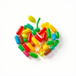 An isometric illustration of vibrant color capsules and tablets meticulously arranged to form the shape of a large apple