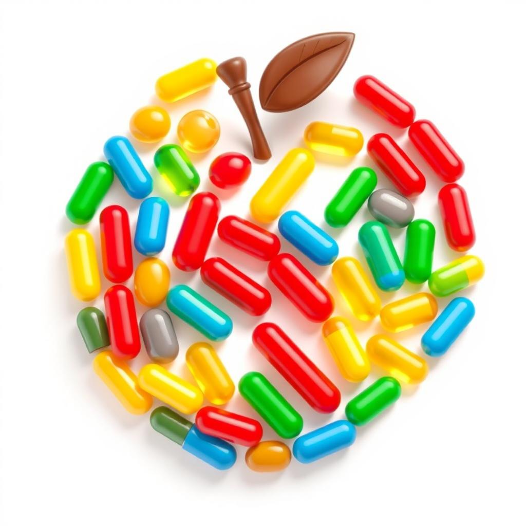 An isometric illustration of vibrant color capsules and tablets meticulously arranged to form the shape of a large apple