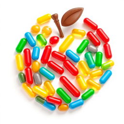 An isometric illustration of vibrant color capsules and tablets meticulously arranged to form the shape of a large apple