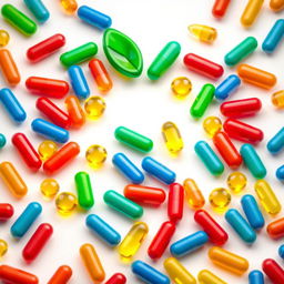 An isometric illustration of vibrant color capsules and tablets meticulously arranged to form the shape of a large apple