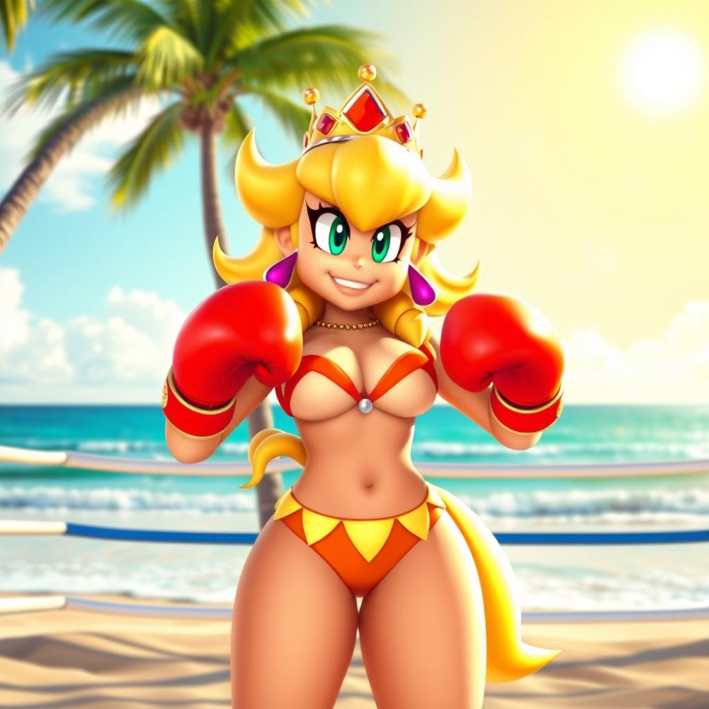A dynamic and playful scene featuring Bowsette, a character inspired by the popular gaming universe, wearing a stylish beach bikini