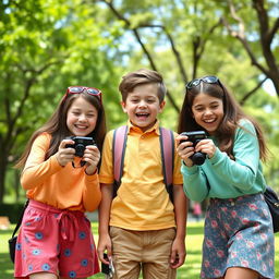 Three mischievous girls, all faceless, playfully taking pictures of a naughty faceless boy