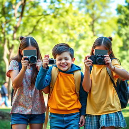 Three mischievous girls, all faceless, playfully taking pictures of a naughty faceless boy