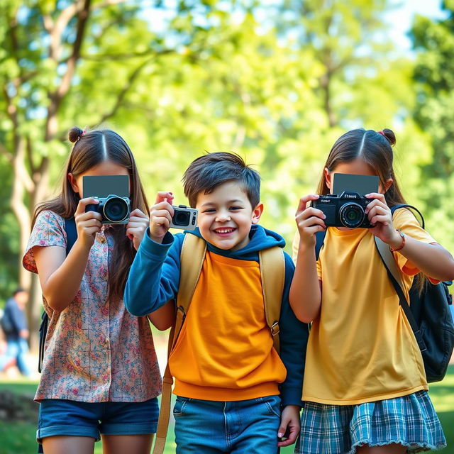 Three mischievous girls, all faceless, playfully taking pictures of a naughty faceless boy