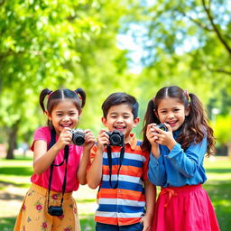 Three mischievous girls, all faceless, playfully taking pictures of a naughty faceless boy