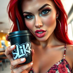 A close-up shot of a gorgeous female with striking red hair, wearing a floral pattern sundress that highlights her large chest and tasteful cleavage