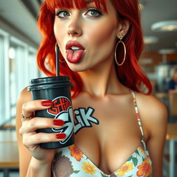 A close-up shot of a gorgeous female with striking red hair, wearing a floral pattern sundress that highlights her large chest and tasteful cleavage