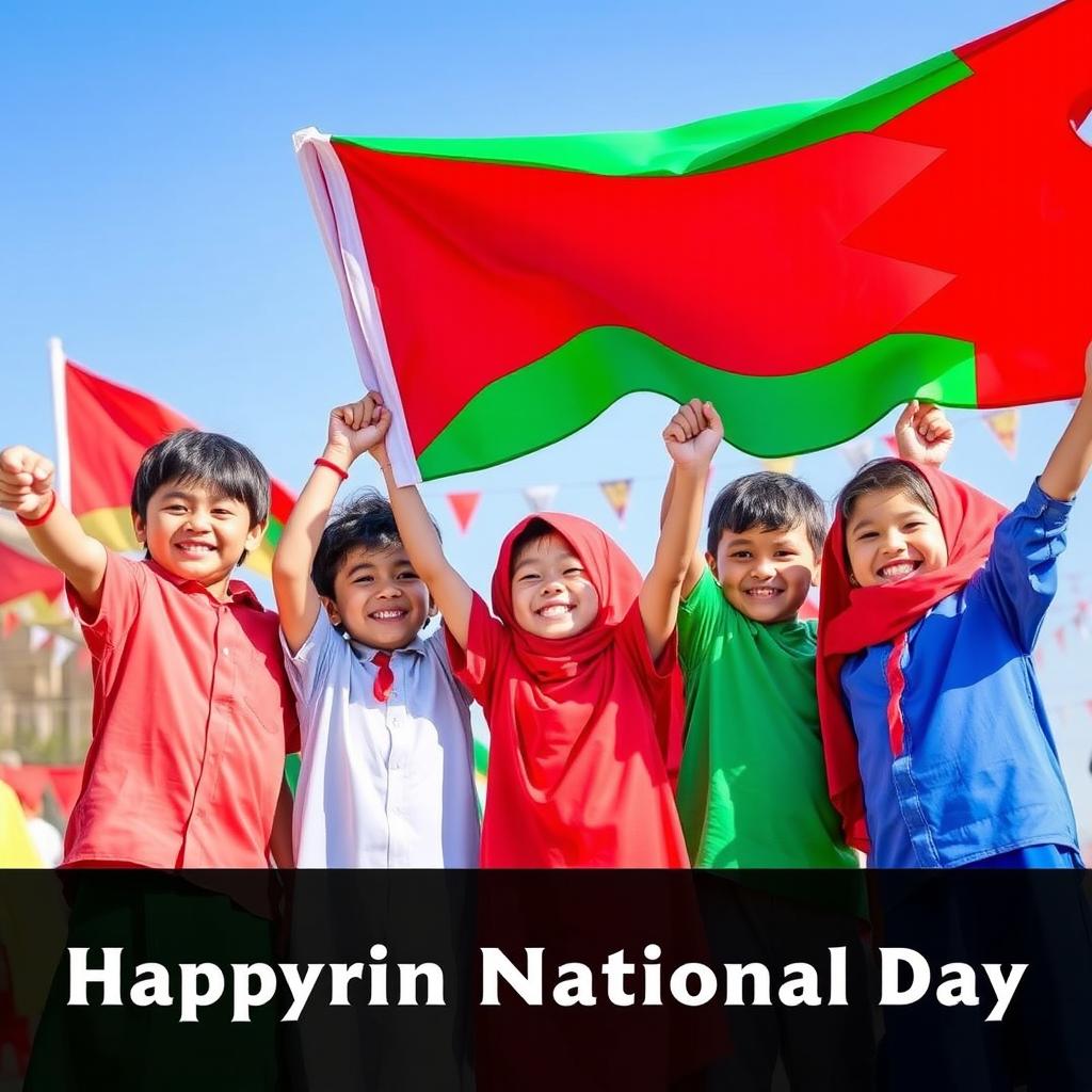 A vibrant and joyful scene of happy children holding and waving the Bahraini flag, celebrating Bahraini National Day