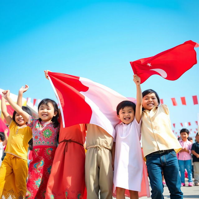 A vibrant and joyful scene of happy children holding and waving the Bahraini flag, celebrating Bahraini National Day