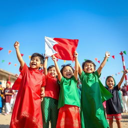 A vibrant and joyful scene of happy children holding and waving the Bahraini flag, celebrating Bahraini National Day