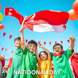 A vibrant and joyful scene of happy children holding and waving the Bahraini flag, celebrating Bahraini National Day