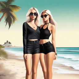 A high-quality digital art image features a blonde Instagram model dressed in all black standing next to a brunette Instagram model on a beach