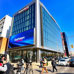 A modern and sleek office building representing a news agency named 'Shaheen News'