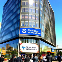 A modern and sleek office building representing a news agency named 'Shaheen News'