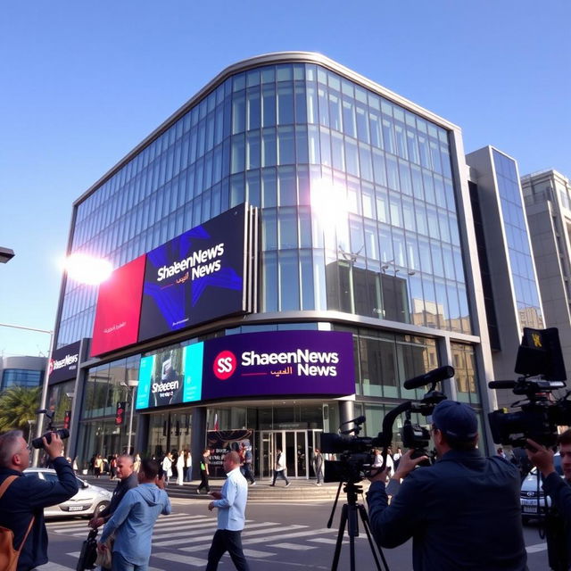 A modern and sleek office building representing a news agency named 'Shaheen News'