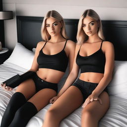 A high-resolution digital art image depicts a blonde Instagram model in all black sitting next to a brunette Instagram model on a bed