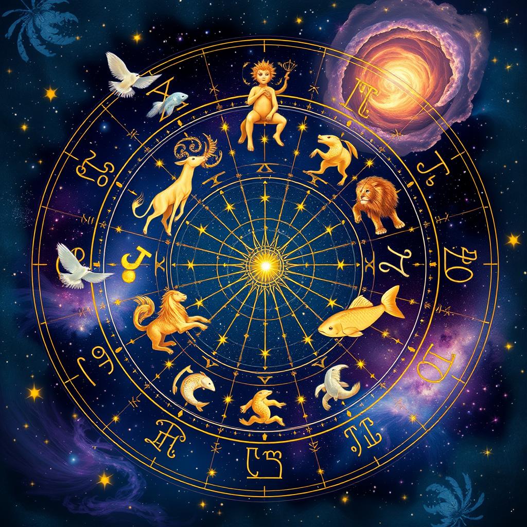 An artistic depiction of a mystical astronomical scene showcasing a beautifully adorned zodiac wheel with all twelve astrological signs represented by ethereal figures surrounded by stars and constellations