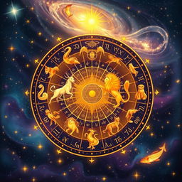 An artistic depiction of a mystical astronomical scene showcasing a beautifully adorned zodiac wheel with all twelve astrological signs represented by ethereal figures surrounded by stars and constellations