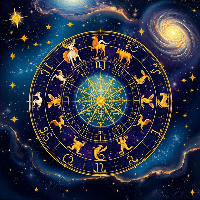 An artistic depiction of a mystical astronomical scene showcasing a beautifully adorned zodiac wheel with all twelve astrological signs represented by ethereal figures surrounded by stars and constellations