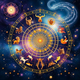 An artistic depiction of a mystical astronomical scene showcasing a beautifully adorned zodiac wheel with all twelve astrological signs represented by ethereal figures surrounded by stars and constellations